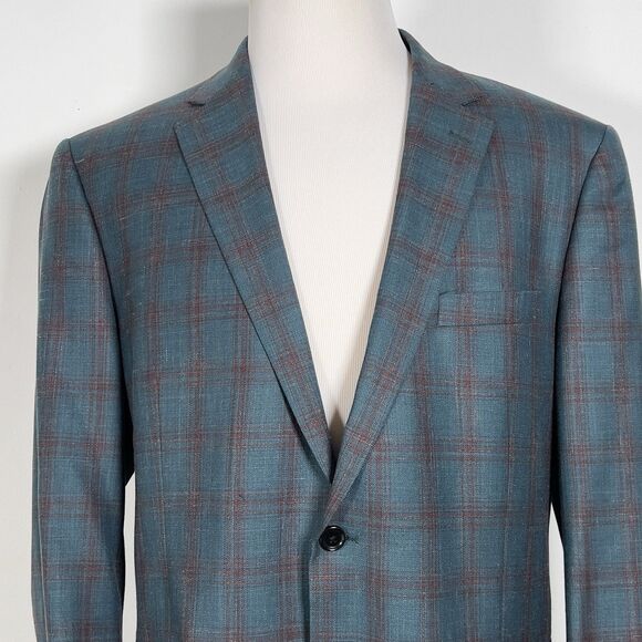 Renoir Double Vent 2 Button Blazer Jacket Mens Sz 46R Green Plaid Wool Linen - Picture 3 of 16